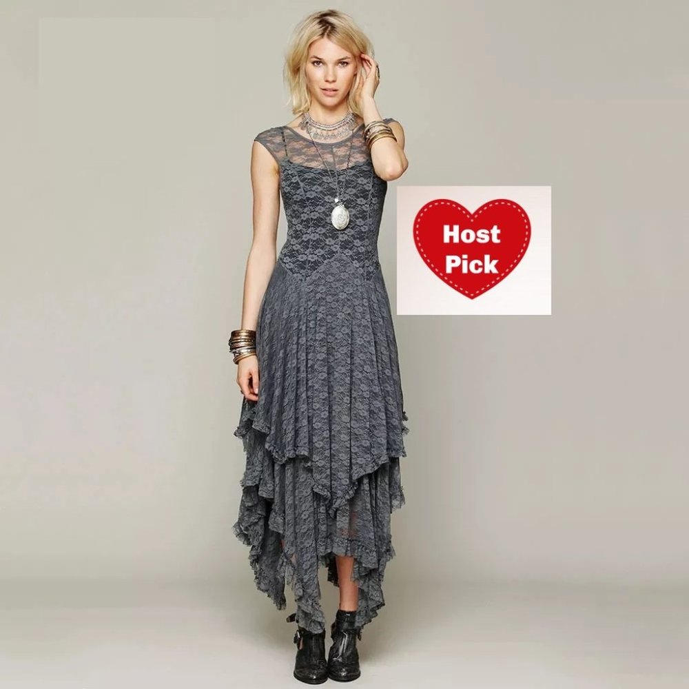 Waterfall Hem Dress - Double Layered Lace Maxi - Gray
